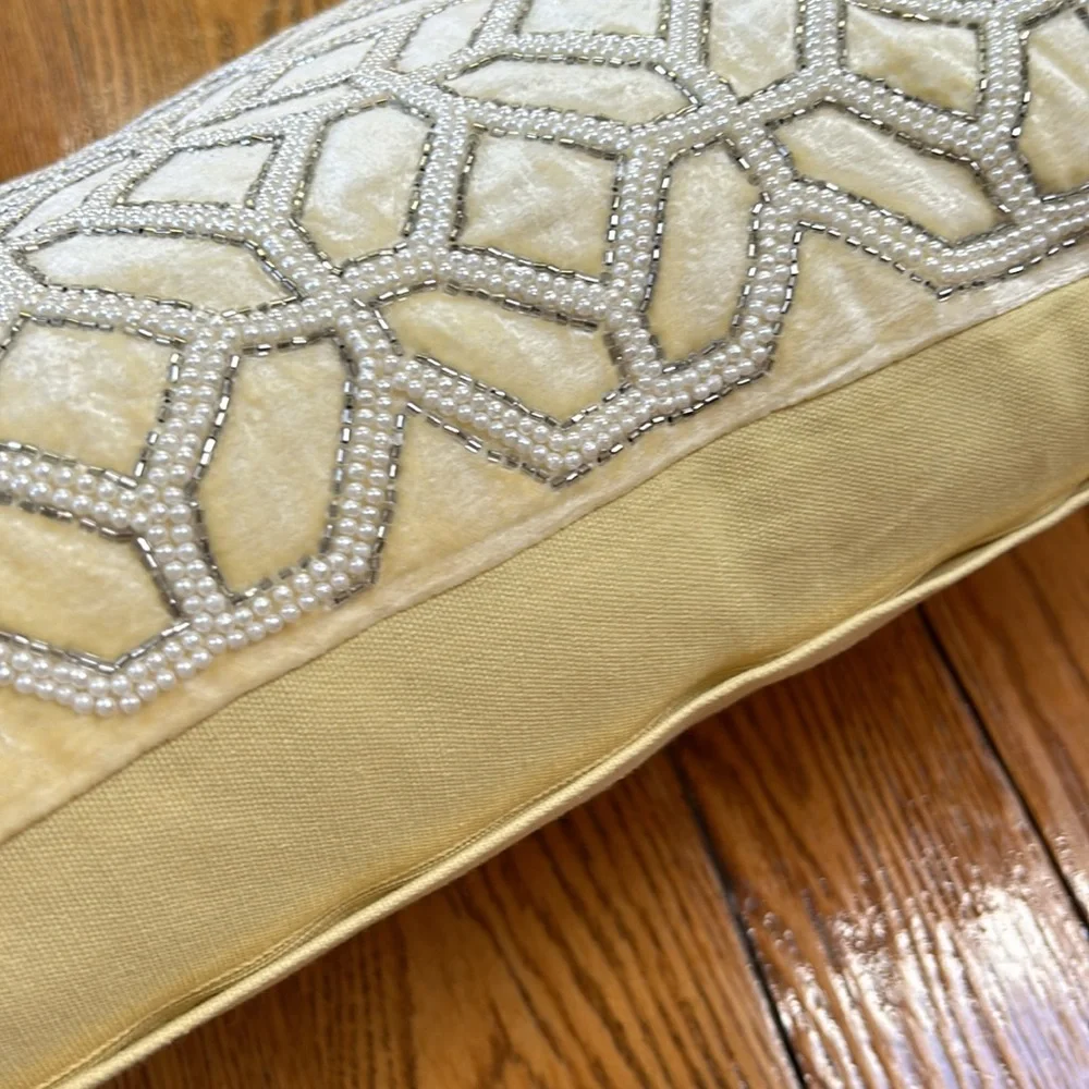 Artistic Accents 14”x24” accent pillow with silver beads and white pearl beads.